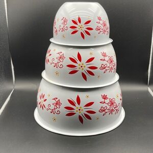 Temptations Stainless Steel Nesting Mixing Bowls Set 3 Poinsettia Floral White